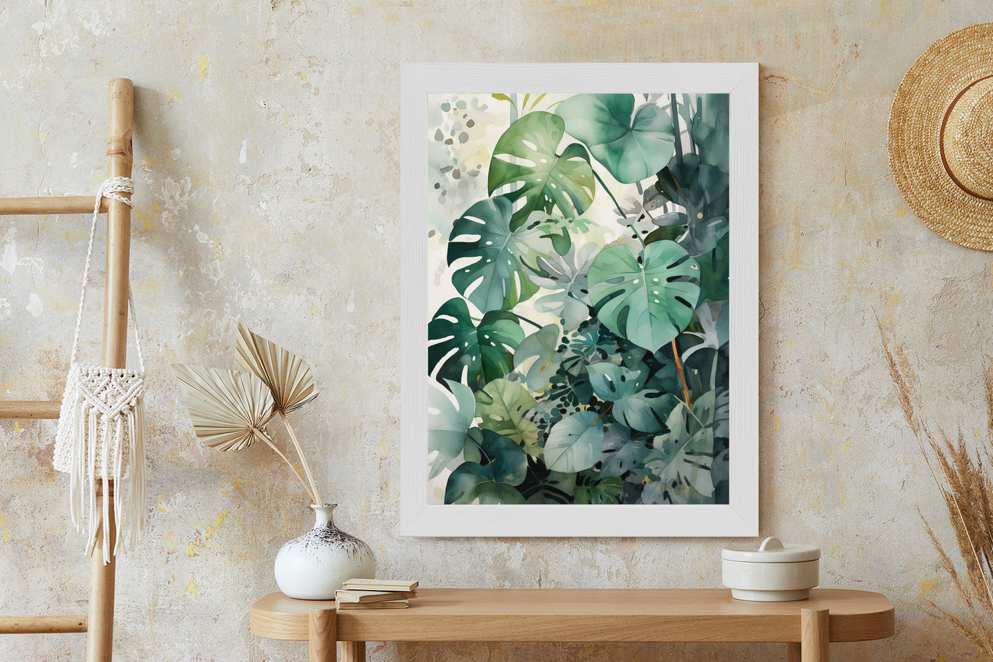 Poster Botanischer Grüner Monstera-Hintergrund Rahmen Holz Mit Passepartout Farbe Natürlich