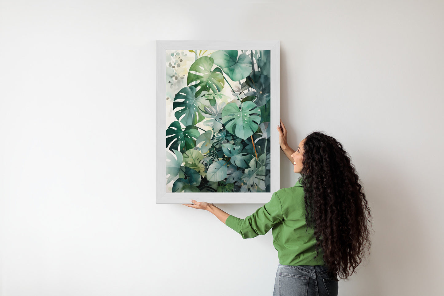 Poster Botanischer Grüner Monstera-Hintergrund Rahmen Holz Mit Passepartout Farbe Natürlich