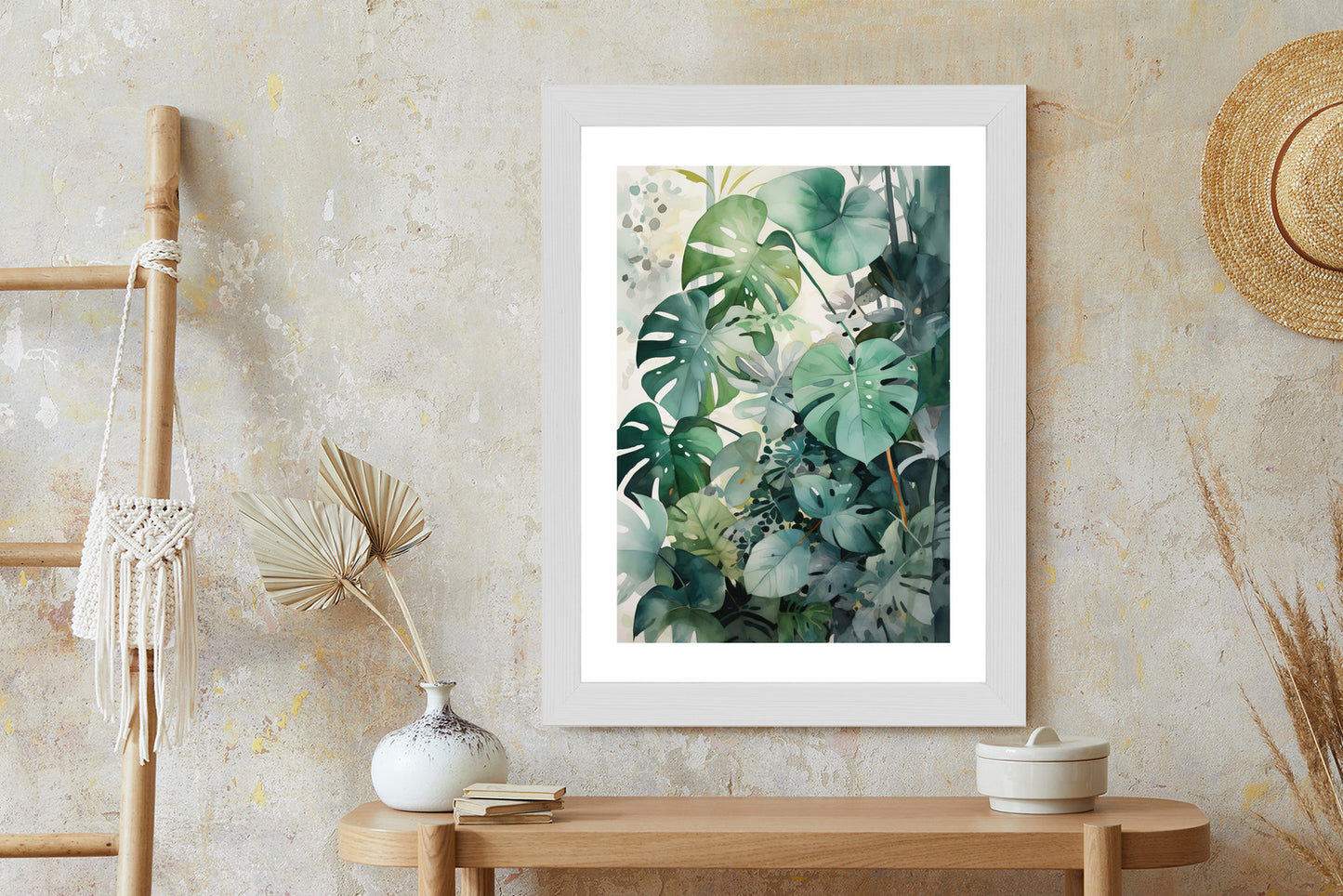 Poster Botanischer Grüner Monstera-Hintergrund Rahmen Holz Mit Passepartout Farbe Natürlich