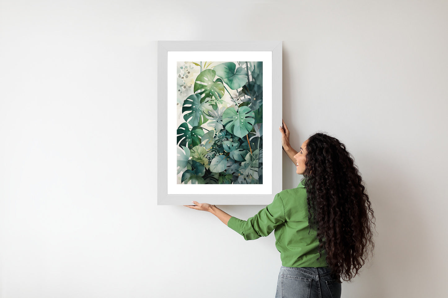 Poster Botanischer Grüner Monstera-Hintergrund Rahmen Holz Mit Passepartout Farbe Natürlich