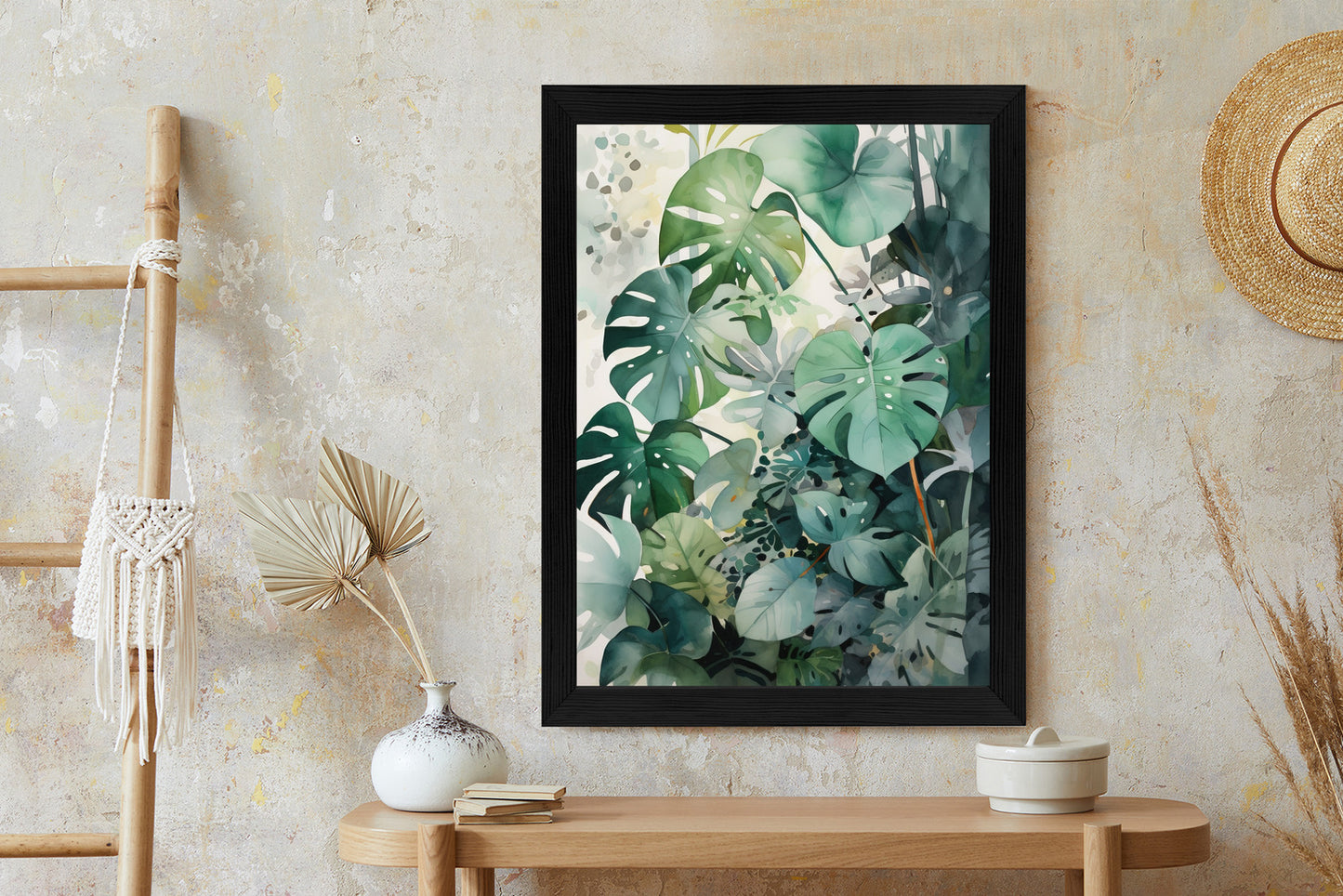 Poster Botanischer Grüner Monstera-Hintergrund Rahmen Holz Mit Passepartout Farbe Natürlich