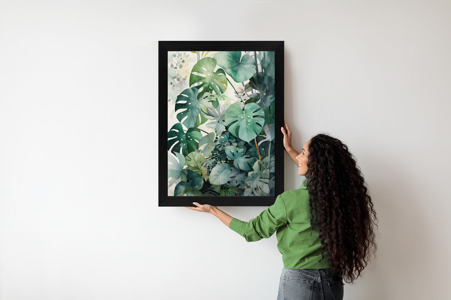 Poster Botanischer Grüner Monstera-Hintergrund Rahmen Holz Mit Passepartout Farbe Natürlich