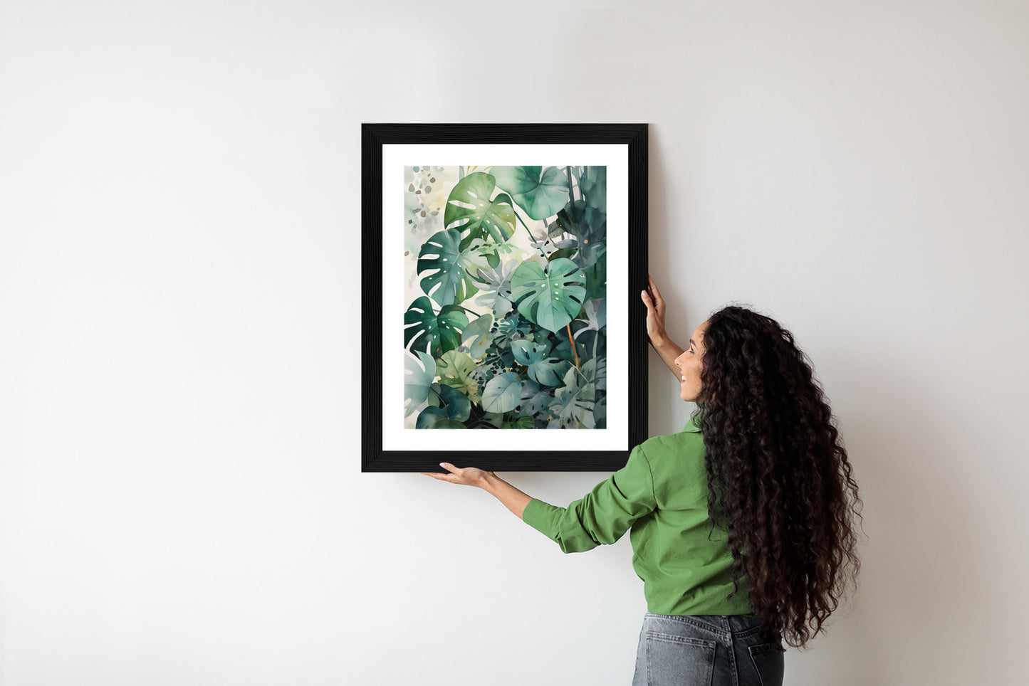 Poster Botanischer Grüner Monstera-Hintergrund Rahmen Holz Mit Passepartout Farbe Natürlich