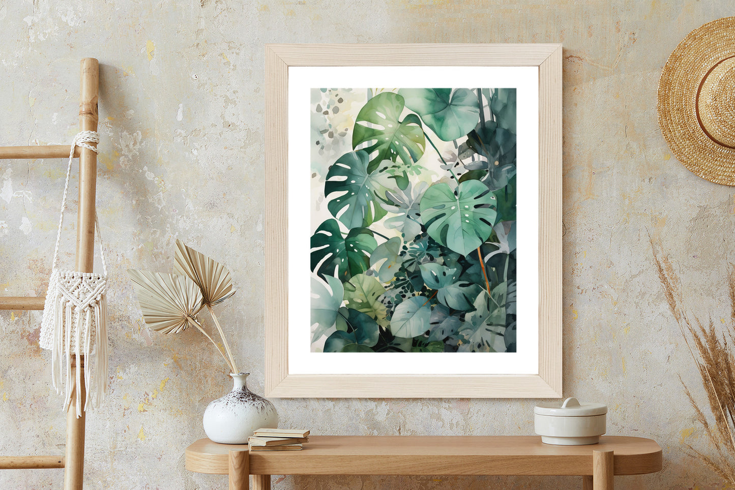 Poster Botanischer Grüner Monstera-Hintergrund Rahmen Holz Mit Passepartout Farbe Natürlich