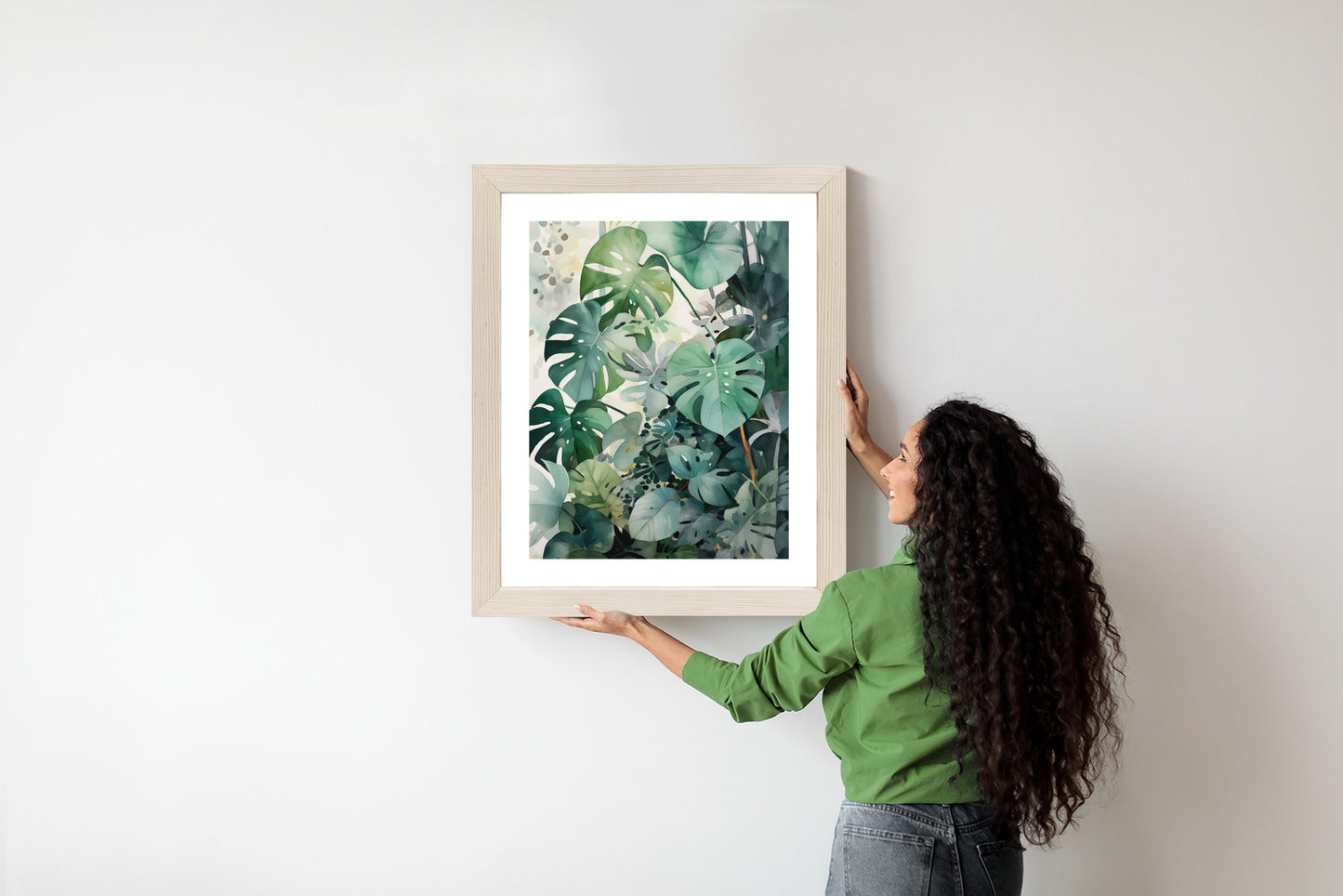 Poster Botanischer Grüner Monstera-Hintergrund Rahmen Holz Mit Passepartout Farbe Natürlich