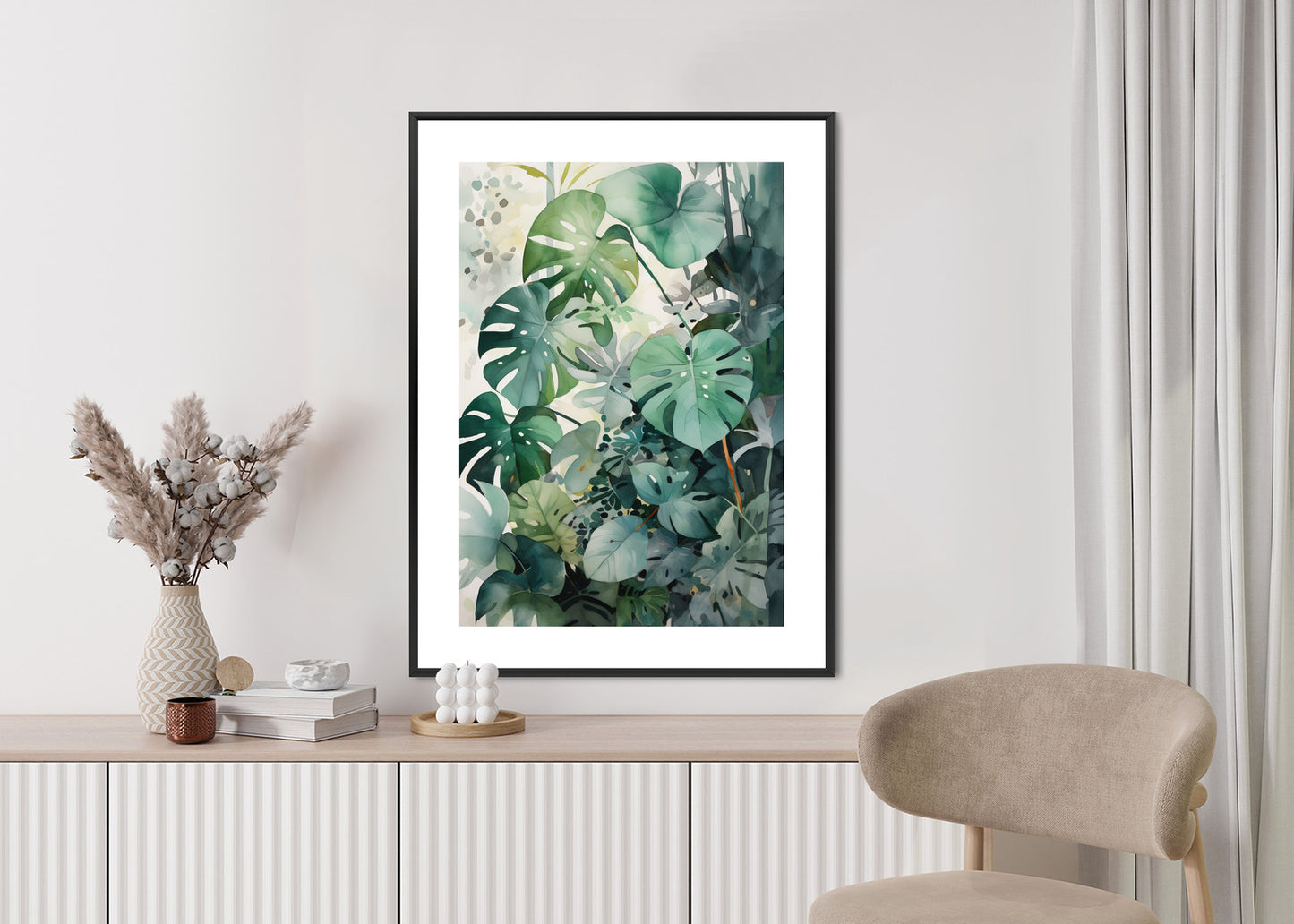 Poster Botanischer Grüner Monstera-Hintergrund Rahmen Holz Mit Passepartout Farbe Natürlich