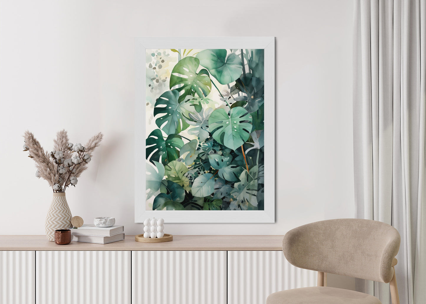 Poster Botanischer Grüner Monstera-Hintergrund Rahmen Holz Mit Passepartout Farbe Natürlich