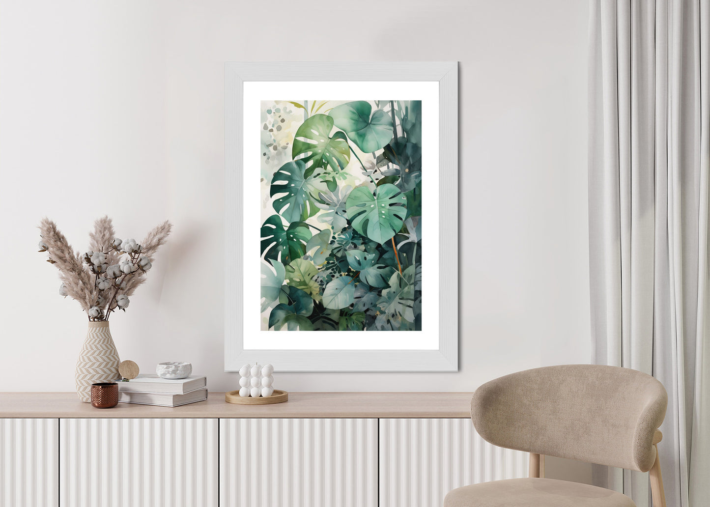 Poster Botanischer Grüner Monstera-Hintergrund Rahmen Holz Mit Passepartout Farbe Natürlich