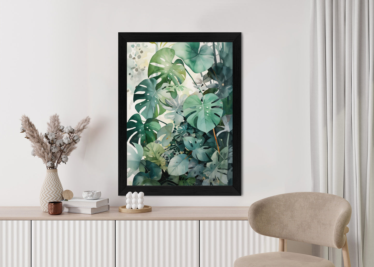 Poster Botanischer Grüner Monstera-Hintergrund Rahmen Holz Mit Passepartout Farbe Natürlich