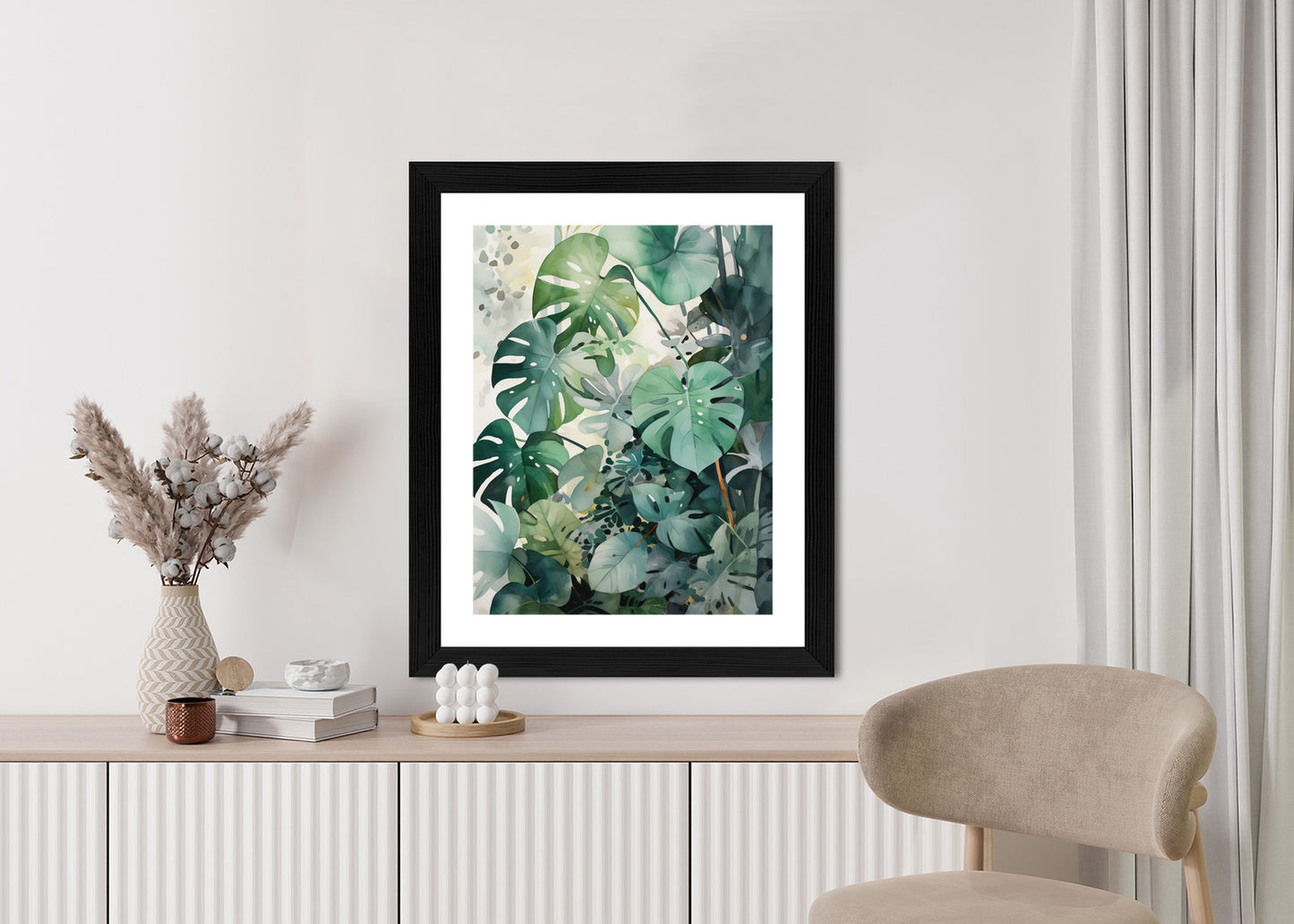 Poster Botanischer Grüner Monstera-Hintergrund Rahmen Holz Mit Passepartout Farbe Natürlich
