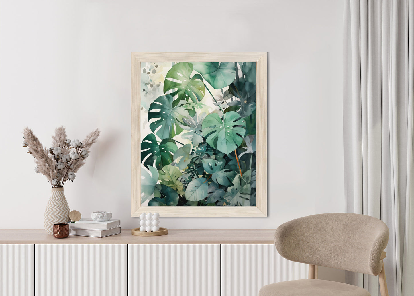 Poster Botanischer Grüner Monstera-Hintergrund Rahmen Holz Mit Passepartout Farbe Natürlich