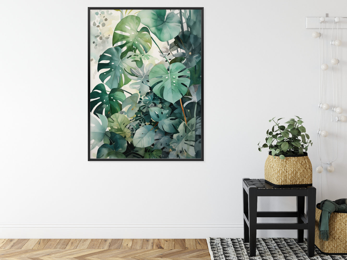 Poster Botanischer Grüner Monstera-Hintergrund Rahmen Holz Mit Passepartout Farbe Natürlich