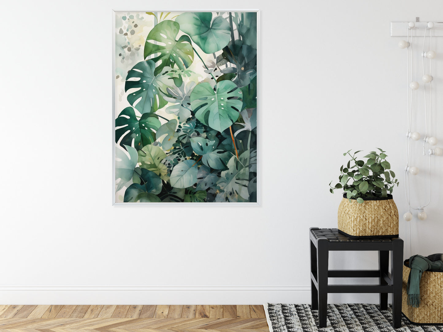 Poster Botanischer Grüner Monstera-Hintergrund Rahmen Holz Mit Passepartout Farbe Natürlich