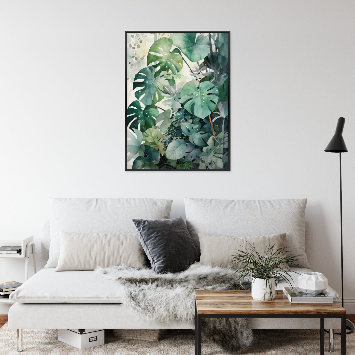 Poster Botanischer Grüner Monstera-Hintergrund Rahmen Holz Mit Passepartout Farbe Natürlich