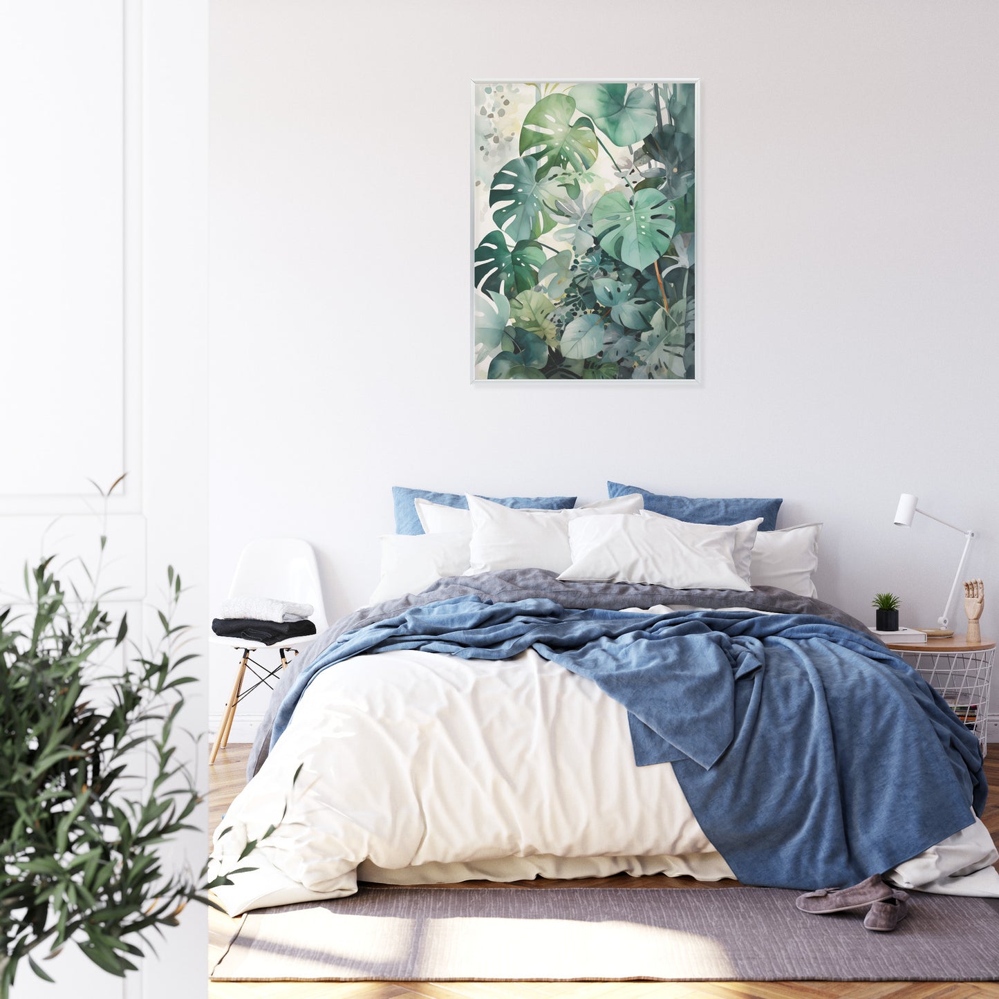 Poster Botanischer Grüner Monstera-Hintergrund Rahmen Holz Mit Passepartout Farbe Natürlich