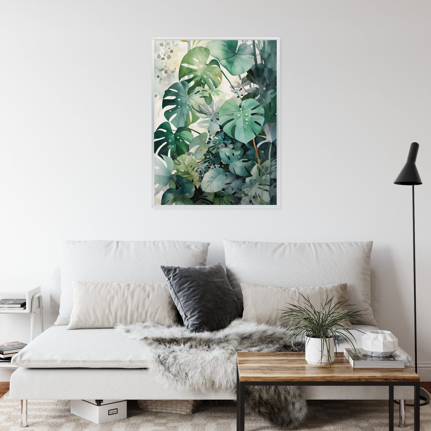 Poster Botanischer Grüner Monstera-Hintergrund Rahmen Holz Mit Passepartout Farbe Natürlich