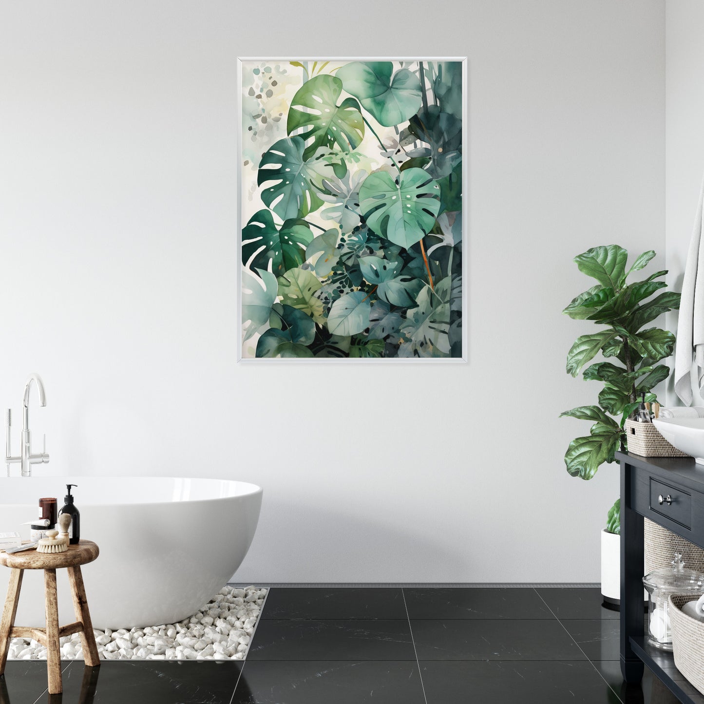 Poster Botanischer Grüner Monstera-Hintergrund Rahmen Holz Mit Passepartout Farbe Natürlich