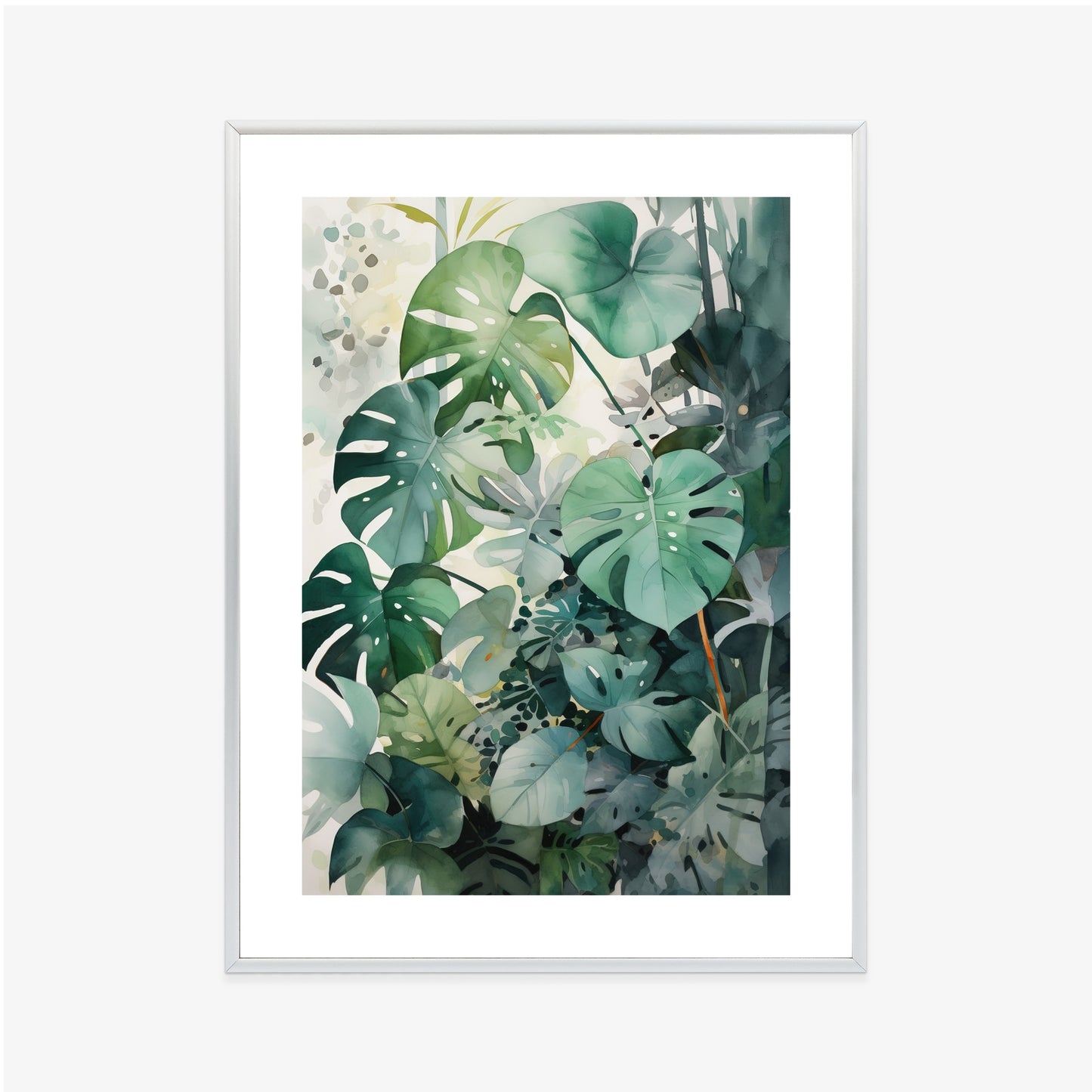 Poster Botanischer Grüner Monstera-Hintergrund Rahmen Holz Mit Passepartout Farbe Natürlich
