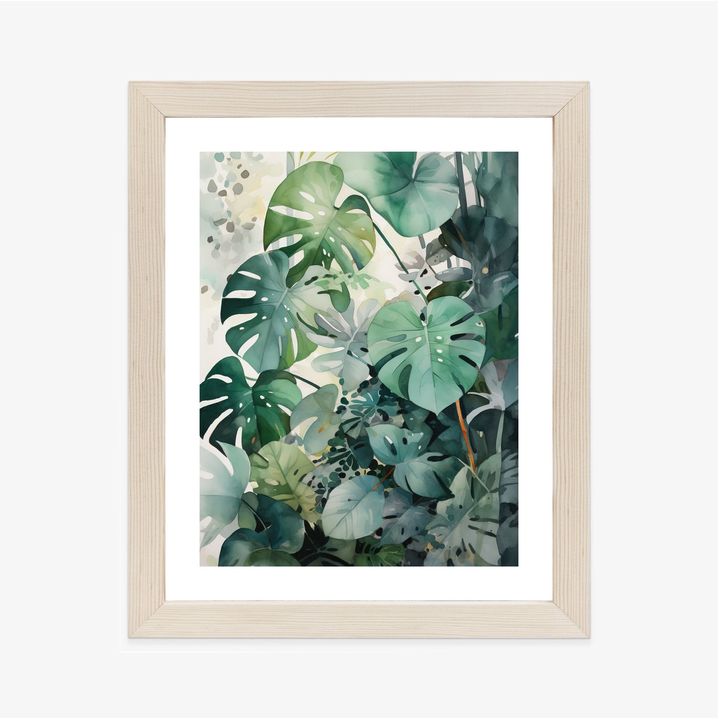 Poster Botanischer Grüner Monstera-Hintergrund Rahmen Holz Mit Passepartout Farbe Natürlich