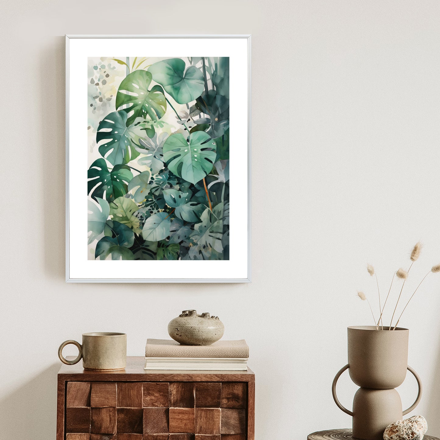 Poster Botanischer Grüner Monstera-Hintergrund Rahmen Holz Mit Passepartout Farbe Natürlich
