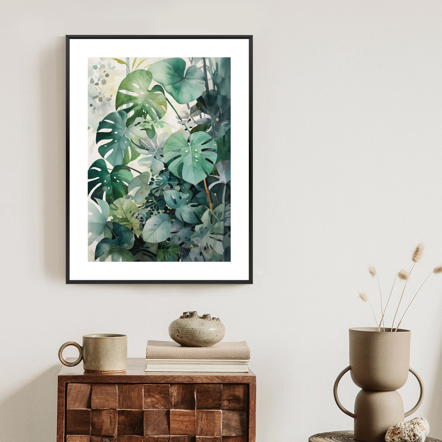 Poster Botanischer Grüner Monstera-Hintergrund Rahmen Holz Mit Passepartout Farbe Natürlich