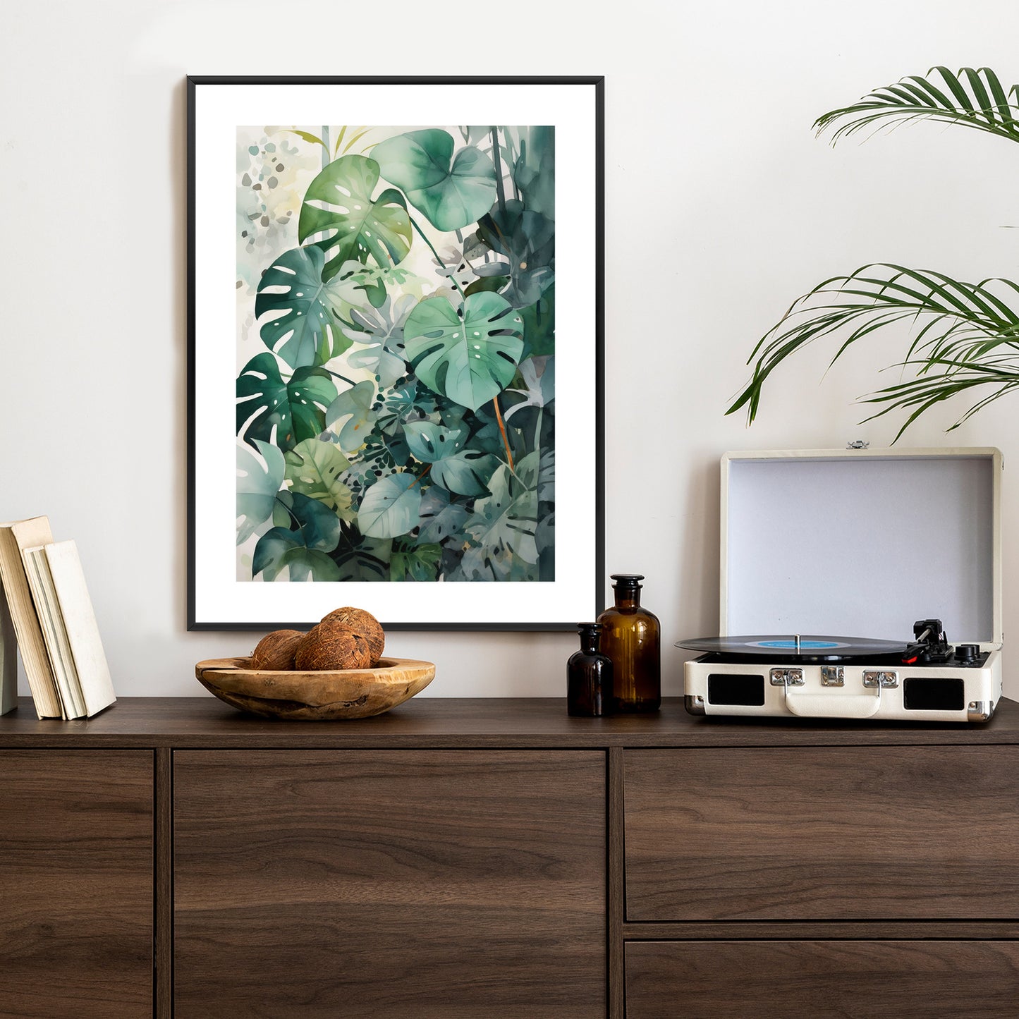 Poster Botanischer Grüner Monstera-Hintergrund Rahmen Holz Mit Passepartout Farbe Natürlich