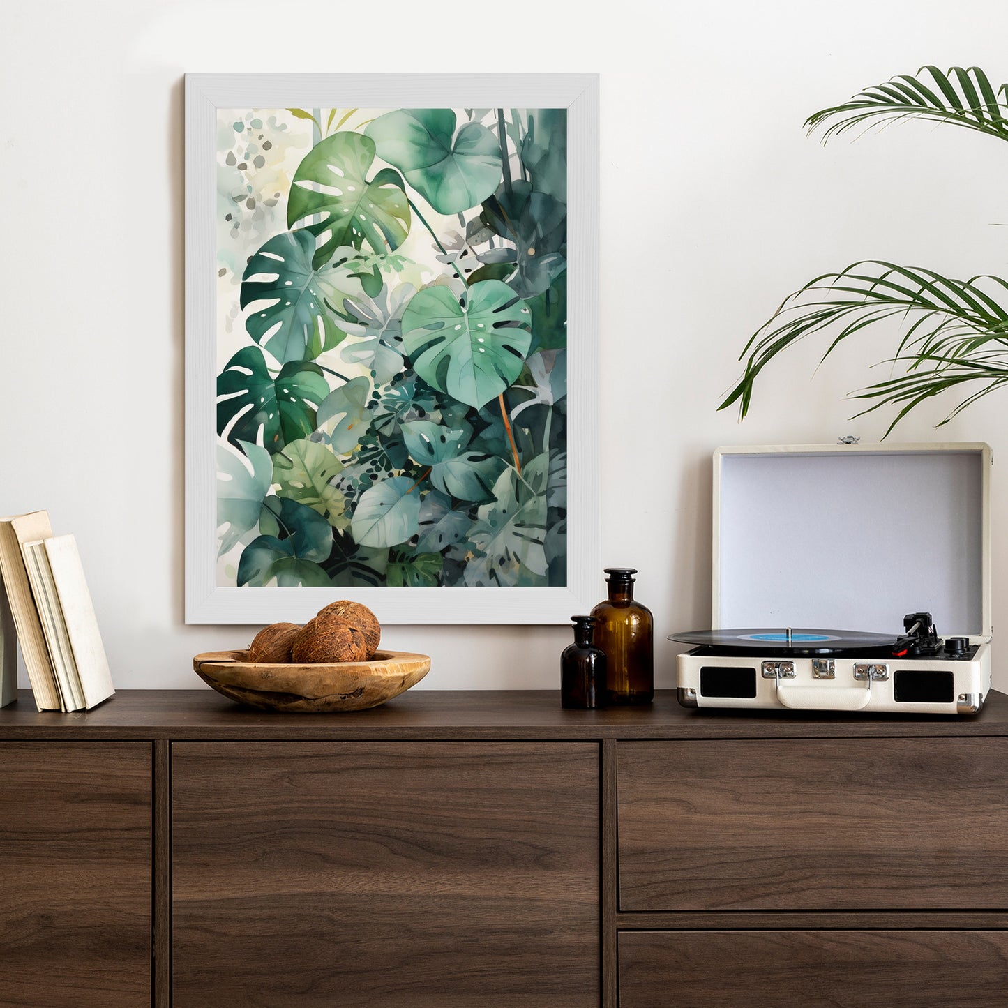 Poster Botanischer Grüner Monstera-Hintergrund Rahmen Holz Mit Passepartout Farbe Natürlich