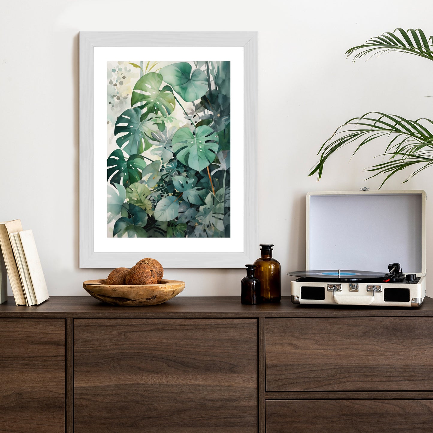 Poster Botanischer Grüner Monstera-Hintergrund Rahmen Holz Mit Passepartout Farbe Natürlich