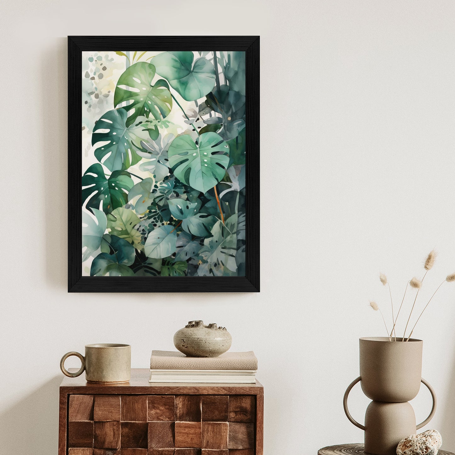 Poster Botanischer Grüner Monstera-Hintergrund Rahmen Holz Mit Passepartout Farbe Natürlich
