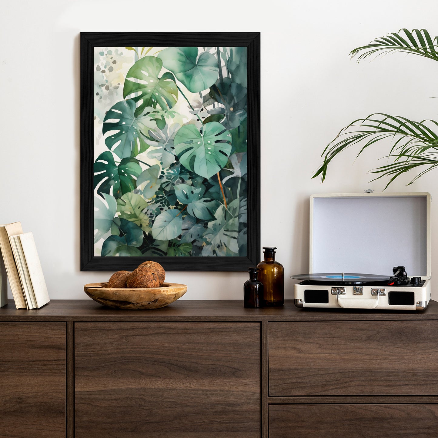 Poster Botanischer Grüner Monstera-Hintergrund Rahmen Holz Mit Passepartout Farbe Natürlich
