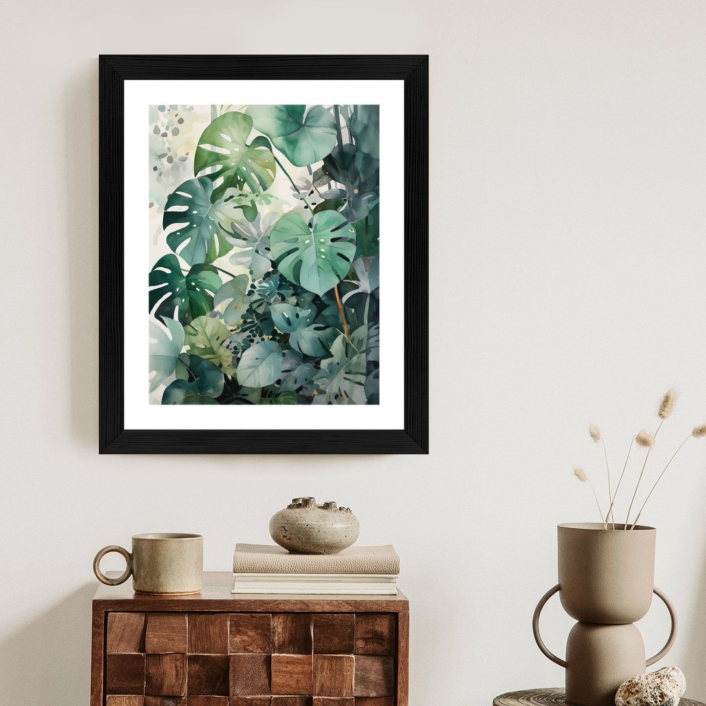 Poster Botanischer Grüner Monstera-Hintergrund Rahmen Holz Mit Passepartout Farbe Natürlich