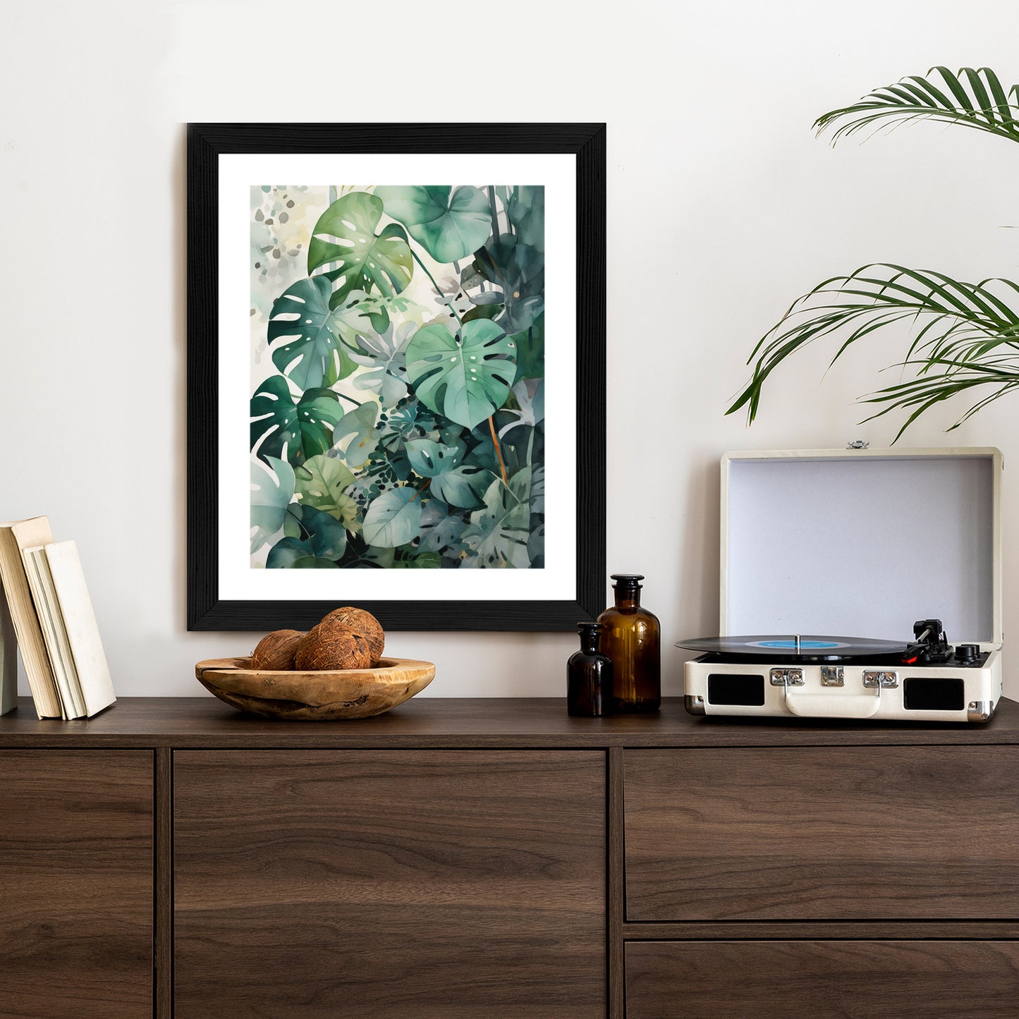 Poster Botanischer Grüner Monstera-Hintergrund Rahmen Holz Mit Passepartout Farbe Natürlich