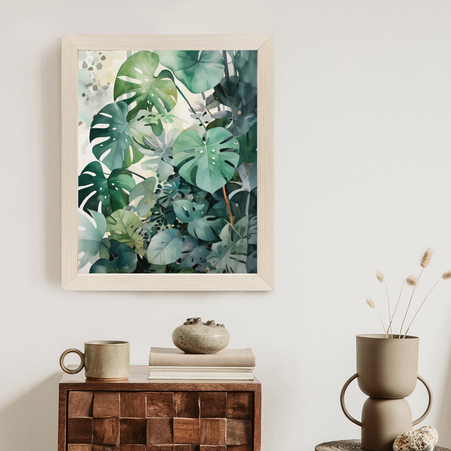Poster Botanischer Grüner Monstera-Hintergrund Rahmen Holz Mit Passepartout Farbe Natürlich