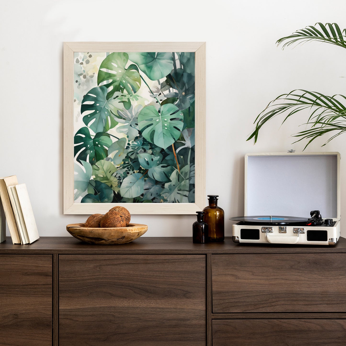 Poster Botanischer Grüner Monstera-Hintergrund Rahmen Holz Mit Passepartout Farbe Natürlich