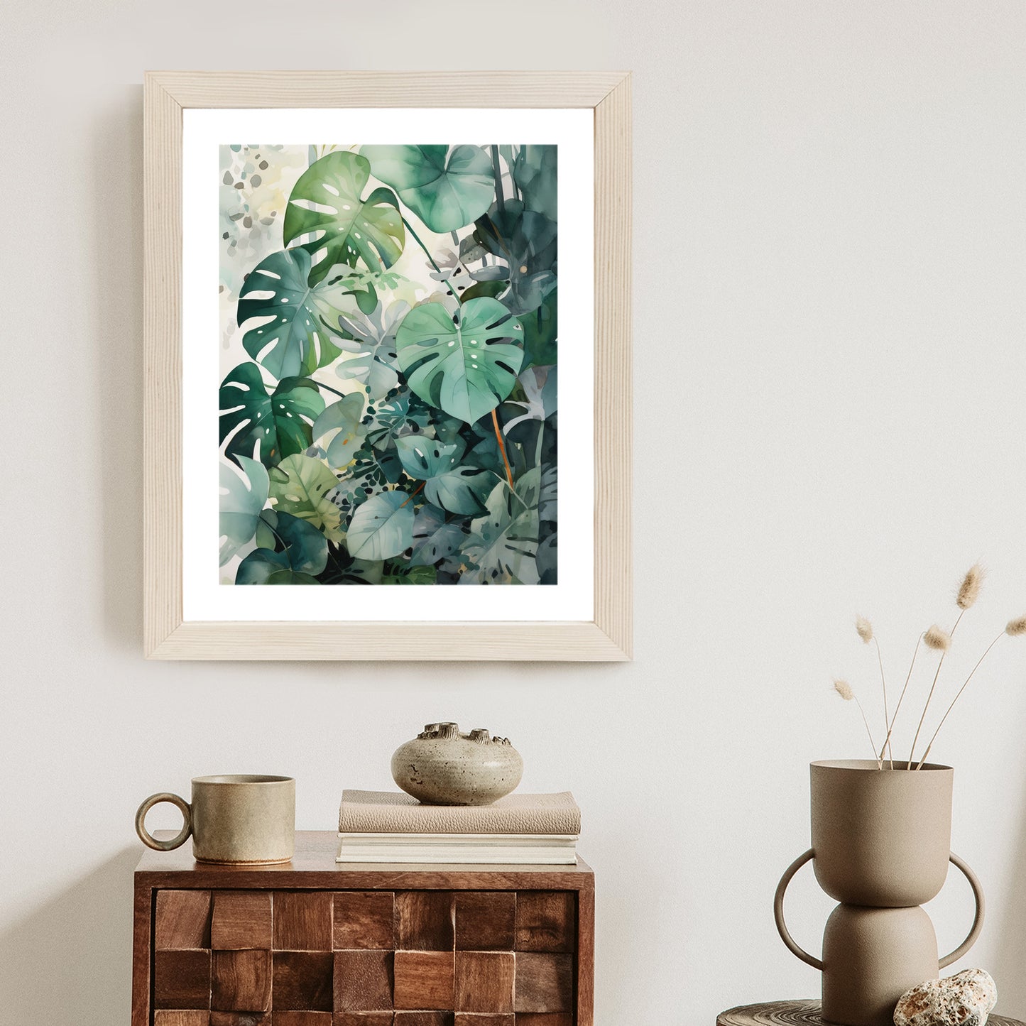 Poster Botanischer Grüner Monstera-Hintergrund Rahmen Holz Mit Passepartout Farbe Natürlich