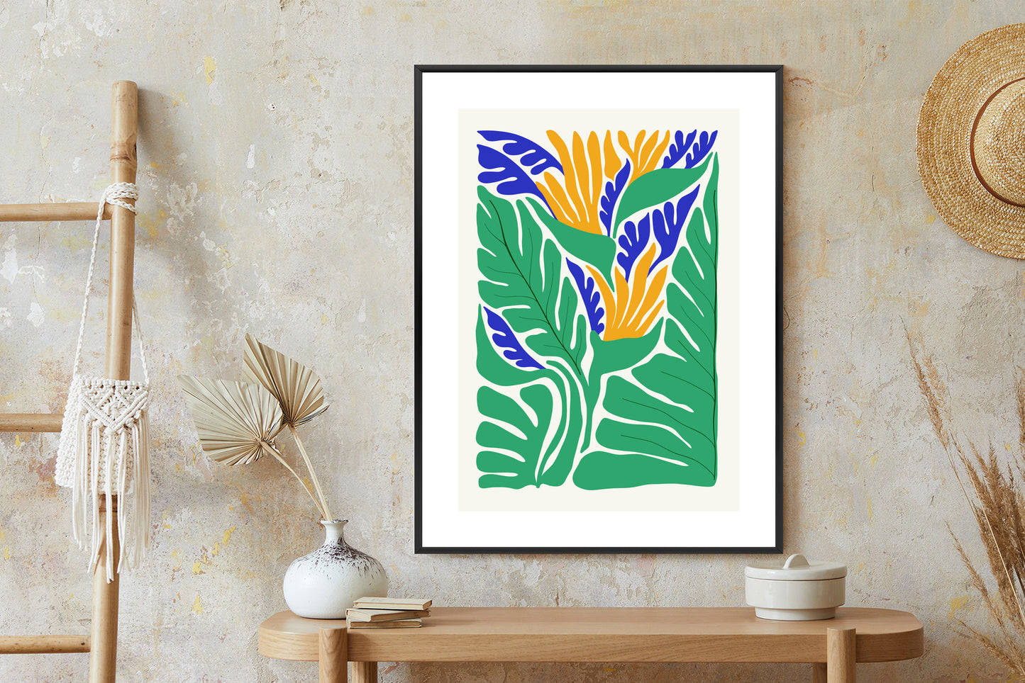 Poster Abstrakte Pflanzen Im Matisse-Stil Rahmen Holz Mit Passepartout Farbe Natürlich