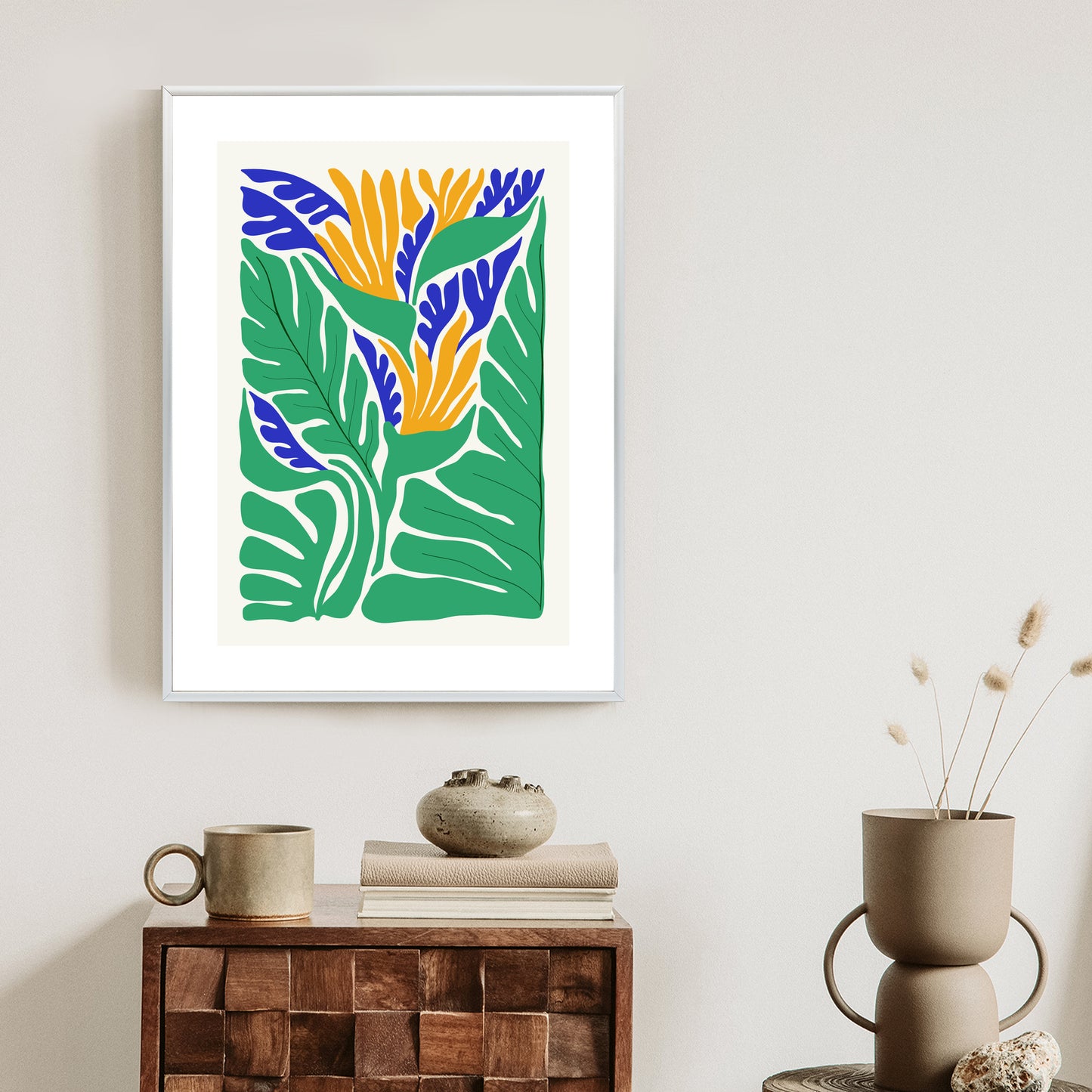 Poster Abstrakte Pflanzen Im Matisse-Stil Rahmen Holz Mit Passepartout Farbe Natürlich