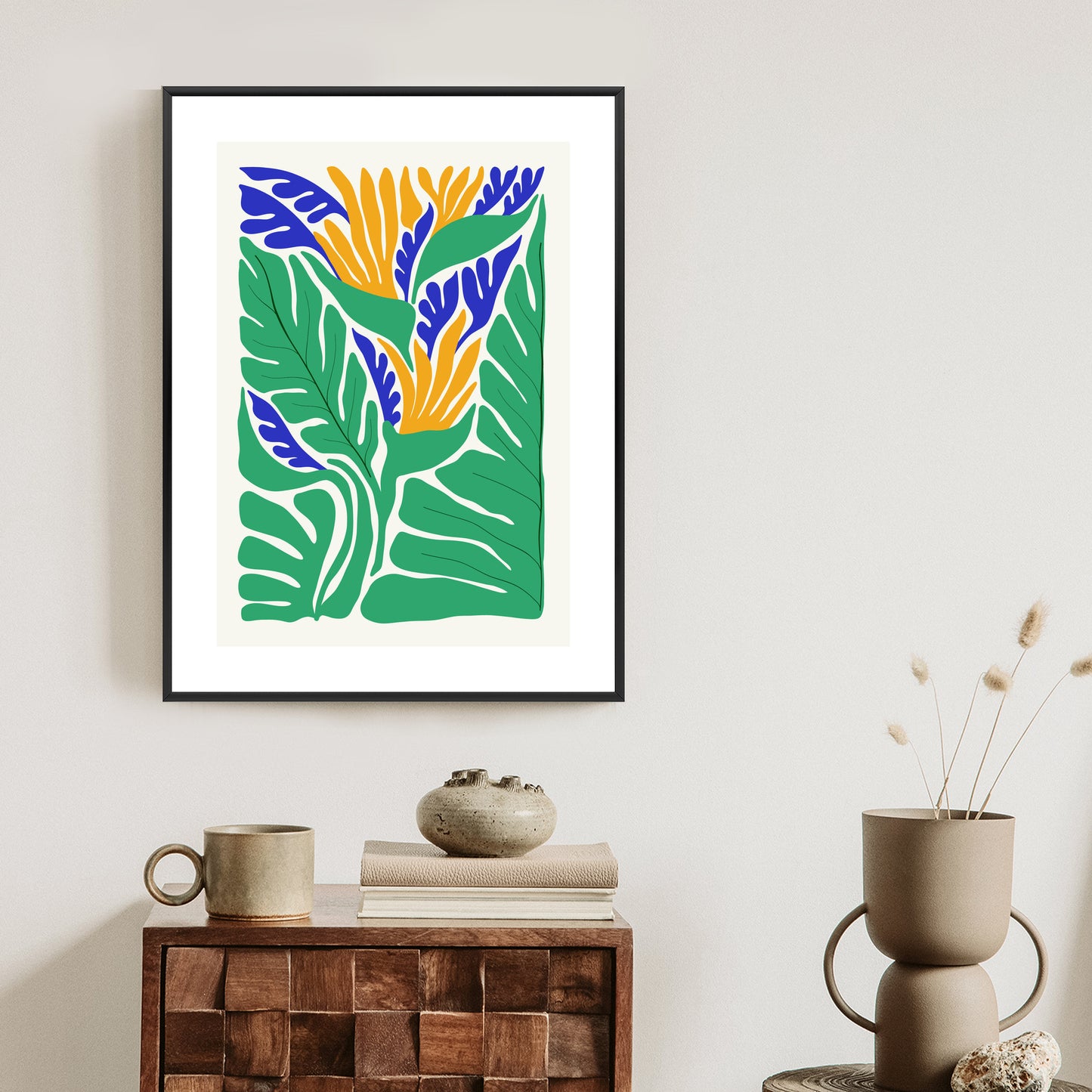 Poster Abstrakte Pflanzen Im Matisse-Stil Rahmen Holz Mit Passepartout Farbe Natürlich