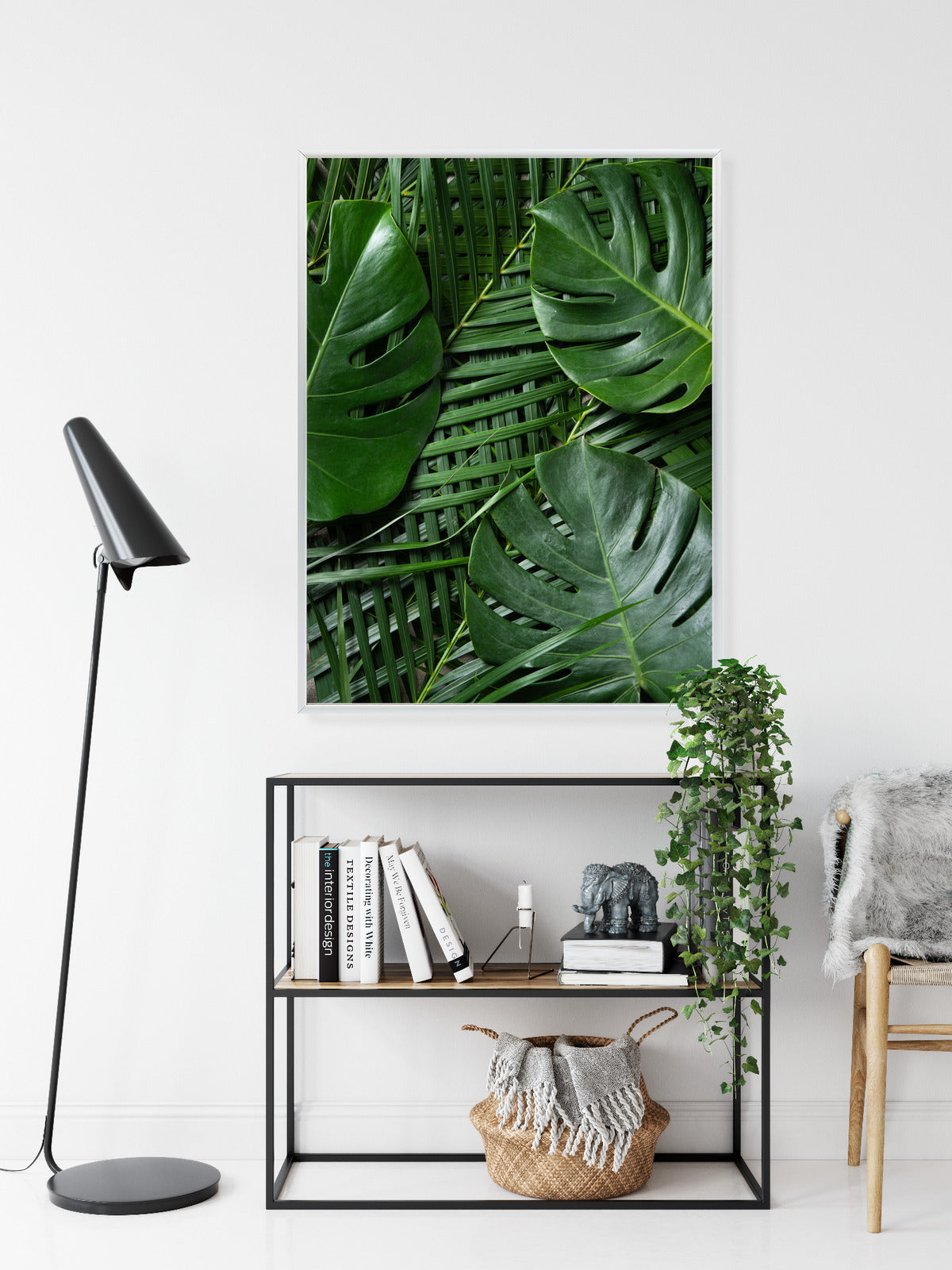 Poster Grüne Monstera Und Palmblätter Rahmen Holz Mit Passepartout Farbe Natürlich