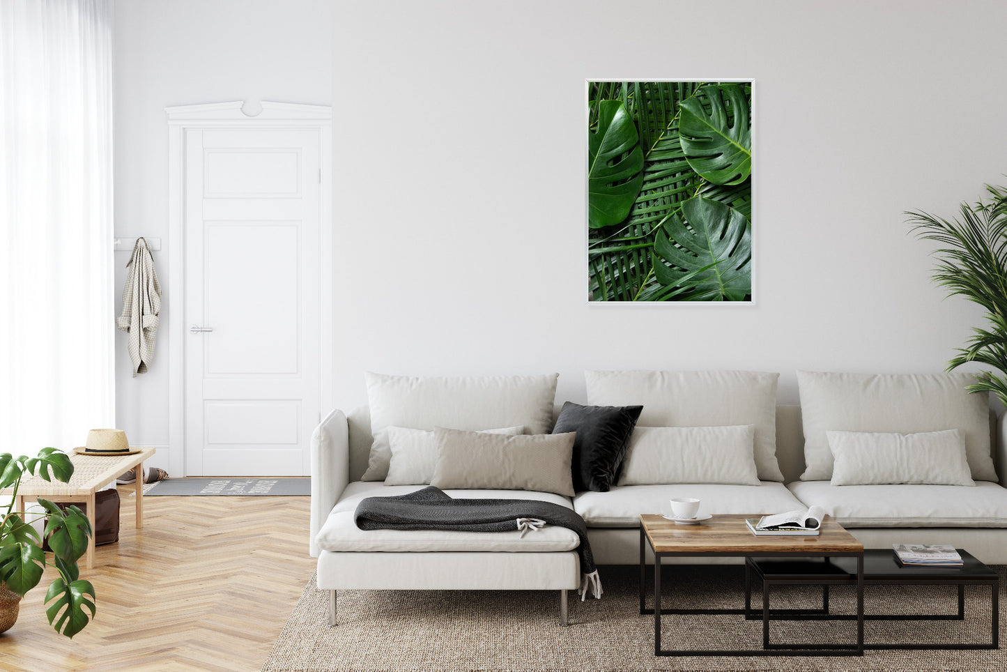 Poster Grüne Monstera Und Palmblätter Rahmen Holz Mit Passepartout Farbe Natürlich