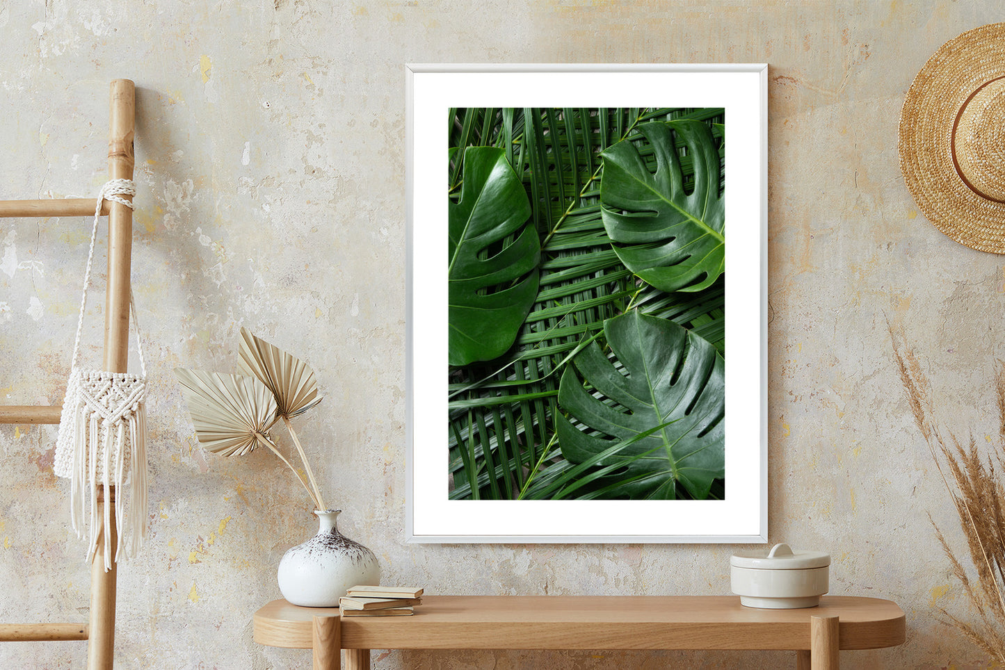 Poster Grüne Monstera Und Palmblätter Rahmen Holz Mit Passepartout Farbe Natürlich