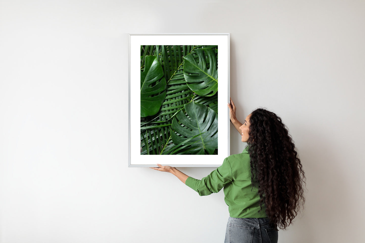 Poster Grüne Monstera Und Palmblätter Rahmen Holz Mit Passepartout Farbe Natürlich