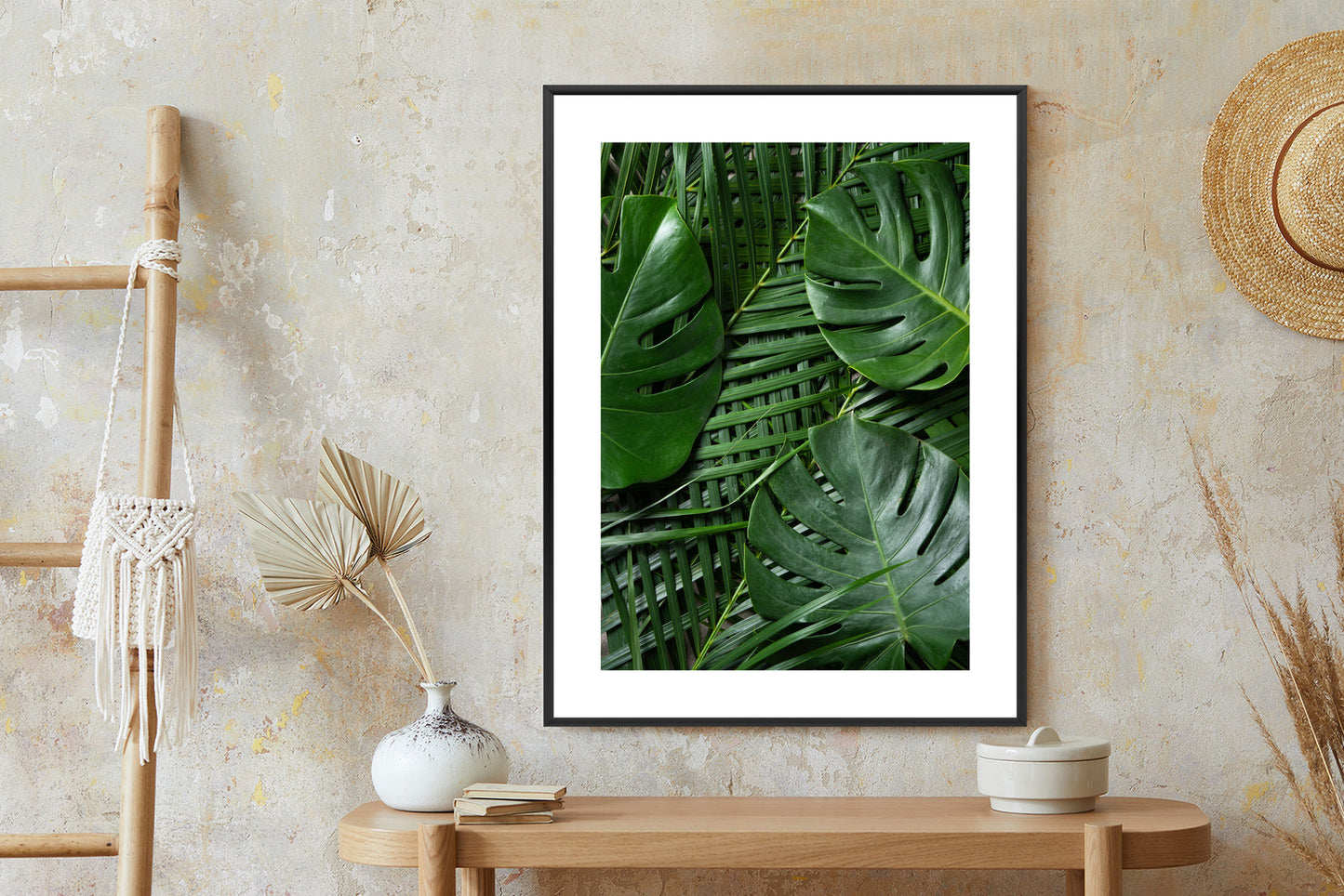 Poster Grüne Monstera Und Palmblätter Rahmen Holz Mit Passepartout Farbe Natürlich