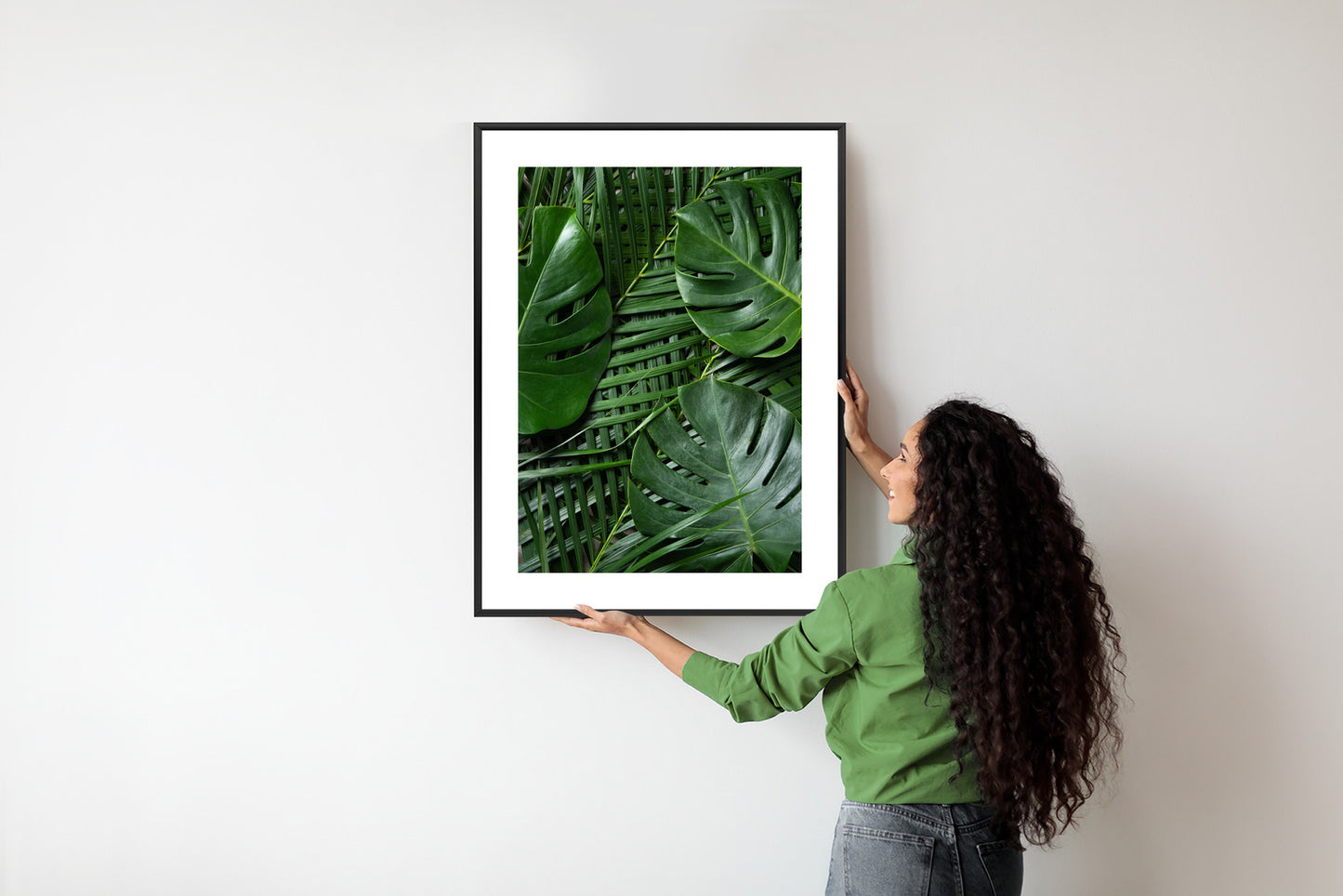Poster Grüne Monstera Und Palmblätter Rahmen Holz Mit Passepartout Farbe Natürlich