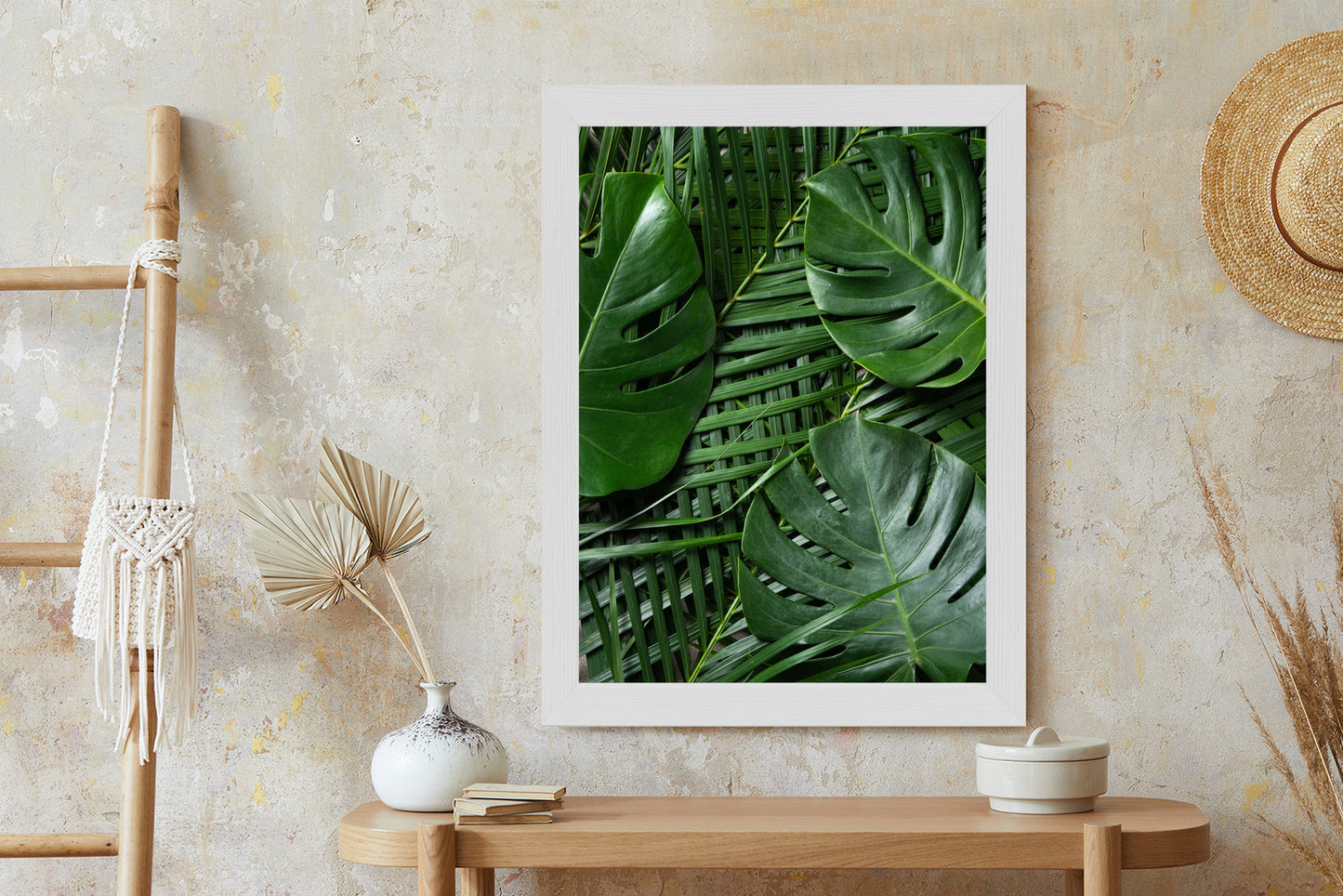 Poster Grüne Monstera Und Palmblätter Rahmen Holz Mit Passepartout Farbe Natürlich