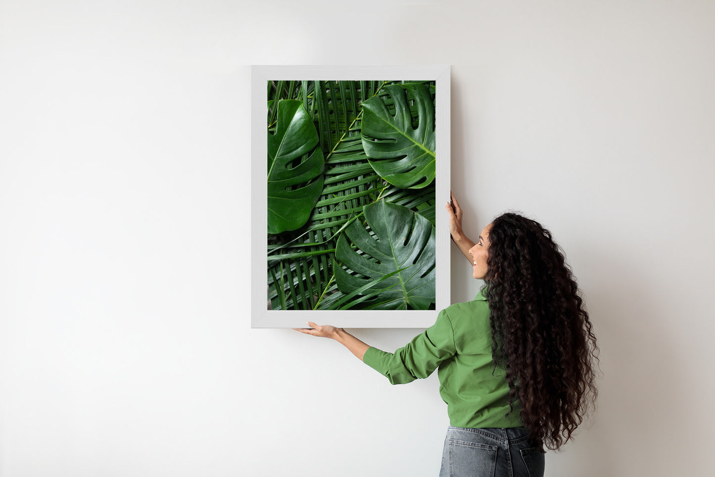 Poster Grüne Monstera Und Palmblätter Rahmen Holz Mit Passepartout Farbe Natürlich