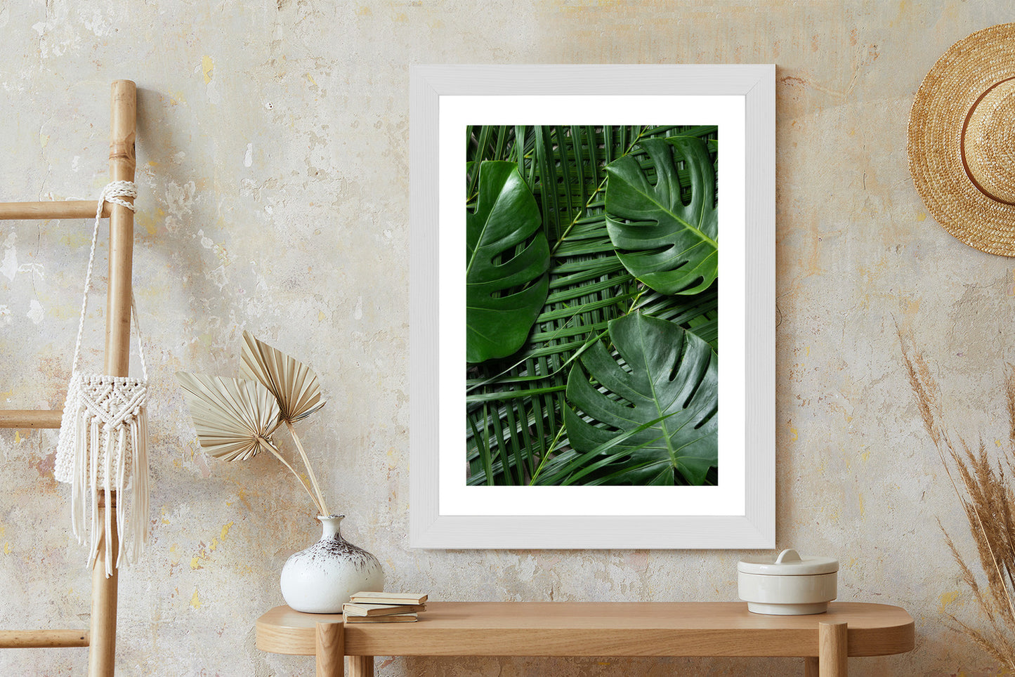 Poster Grüne Monstera Und Palmblätter Rahmen Holz Mit Passepartout Farbe Natürlich