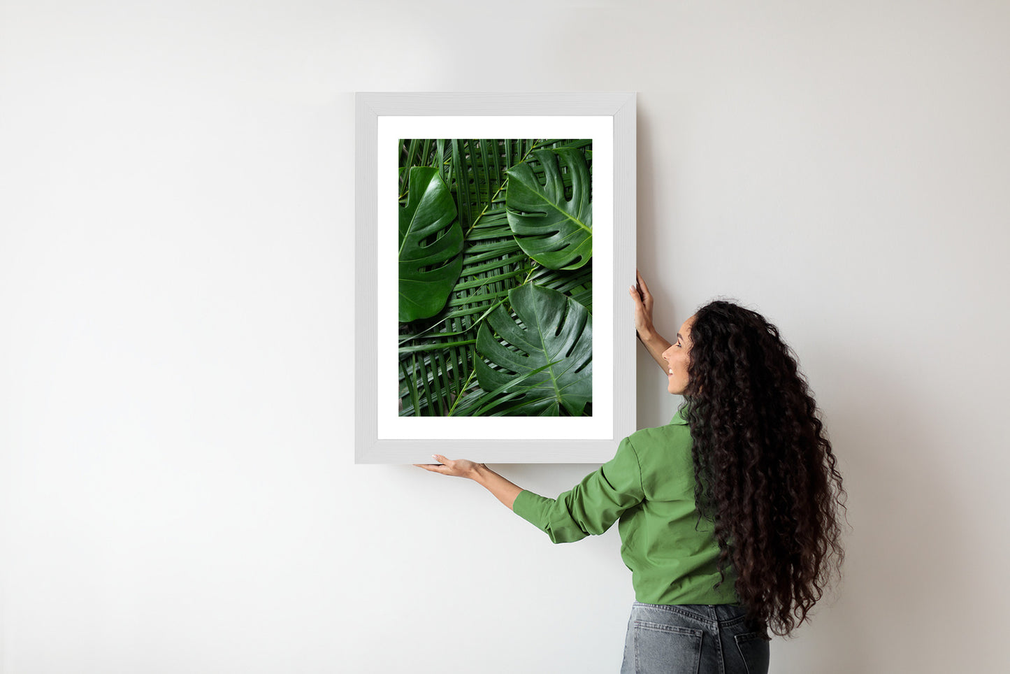 Poster Grüne Monstera Und Palmblätter Rahmen Holz Mit Passepartout Farbe Natürlich