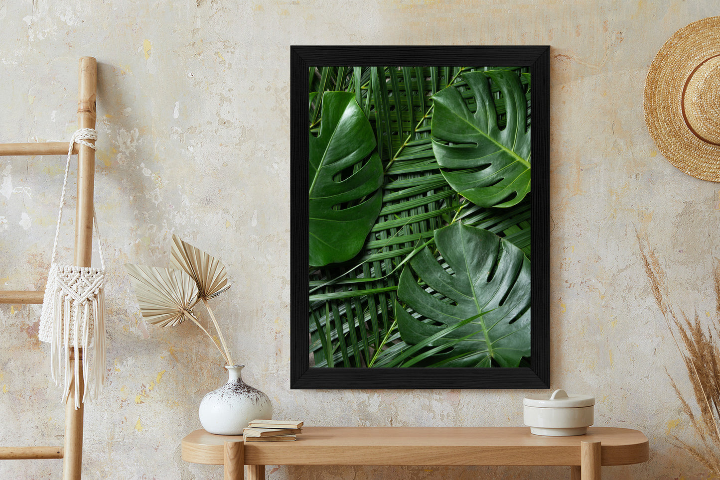 Poster Grüne Monstera Und Palmblätter Rahmen Holz Mit Passepartout Farbe Natürlich