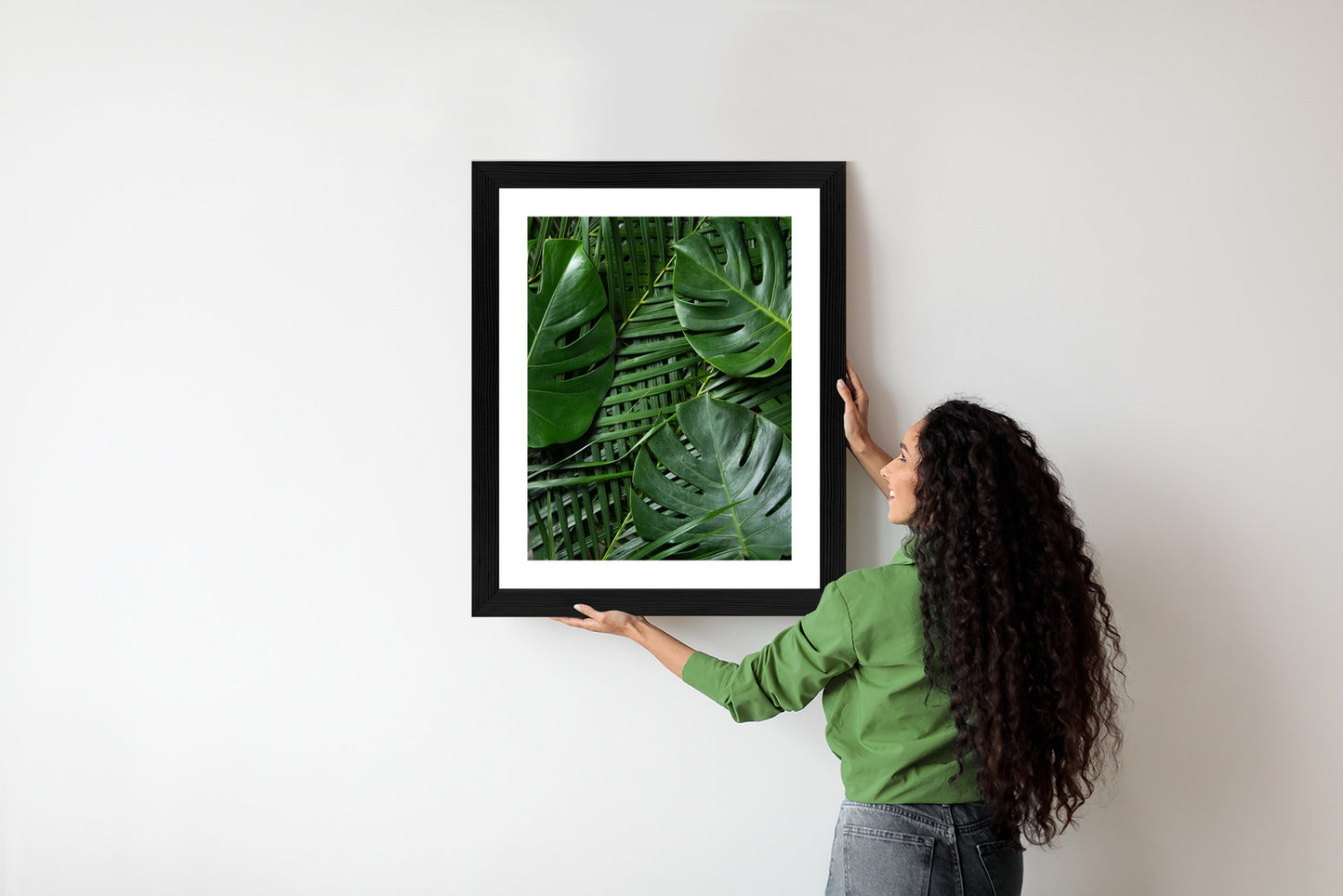 Poster Grüne Monstera Und Palmblätter Rahmen Holz Mit Passepartout Farbe Natürlich